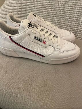adidas White Leather Sneakers with Red & Navy Stripe